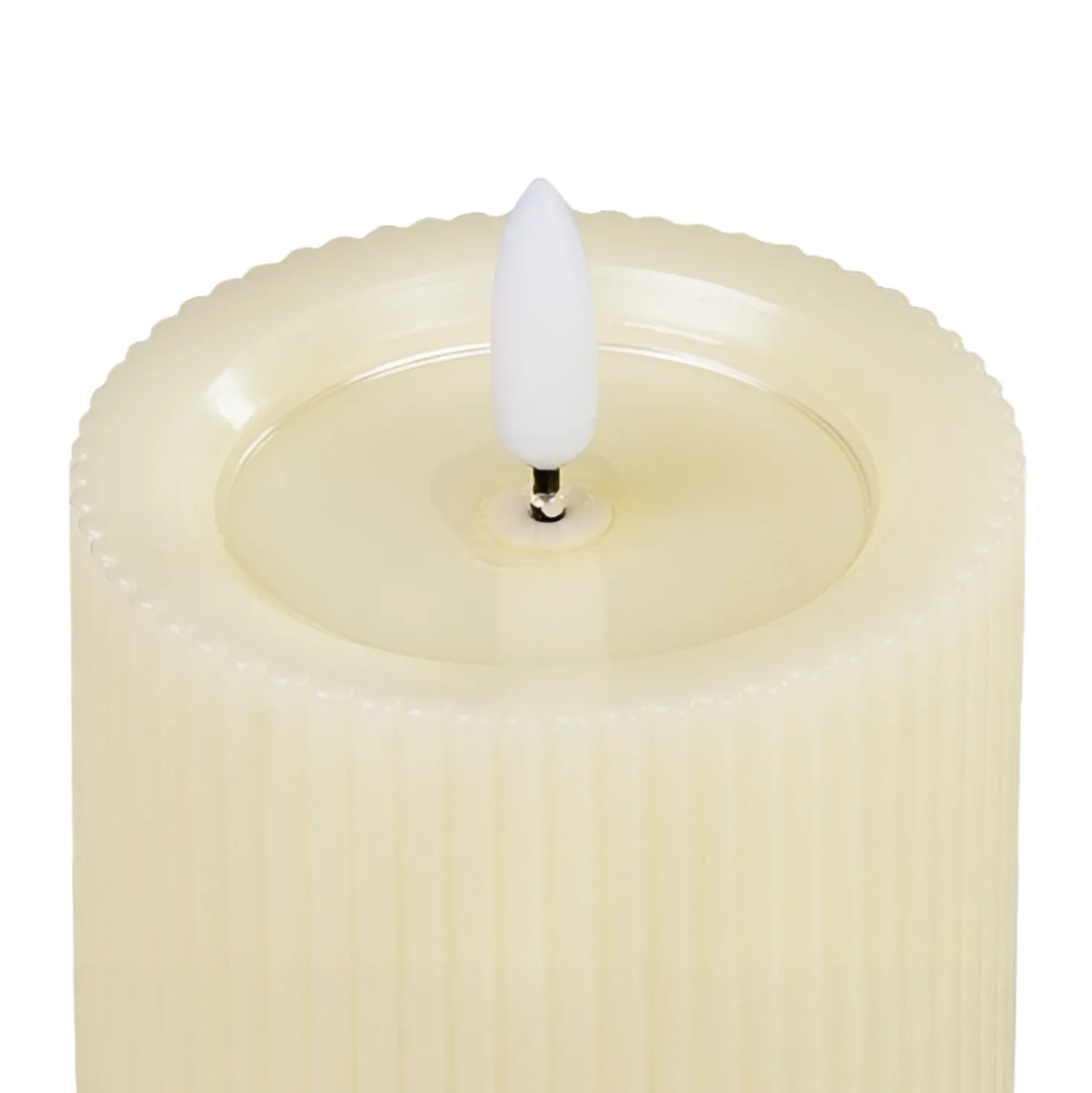 Candela Avorio a Coste per uso esterno, h 12,5 cm, Ø 7,5cm, fiamma 3D con stoppino ed effetto cera sciolta