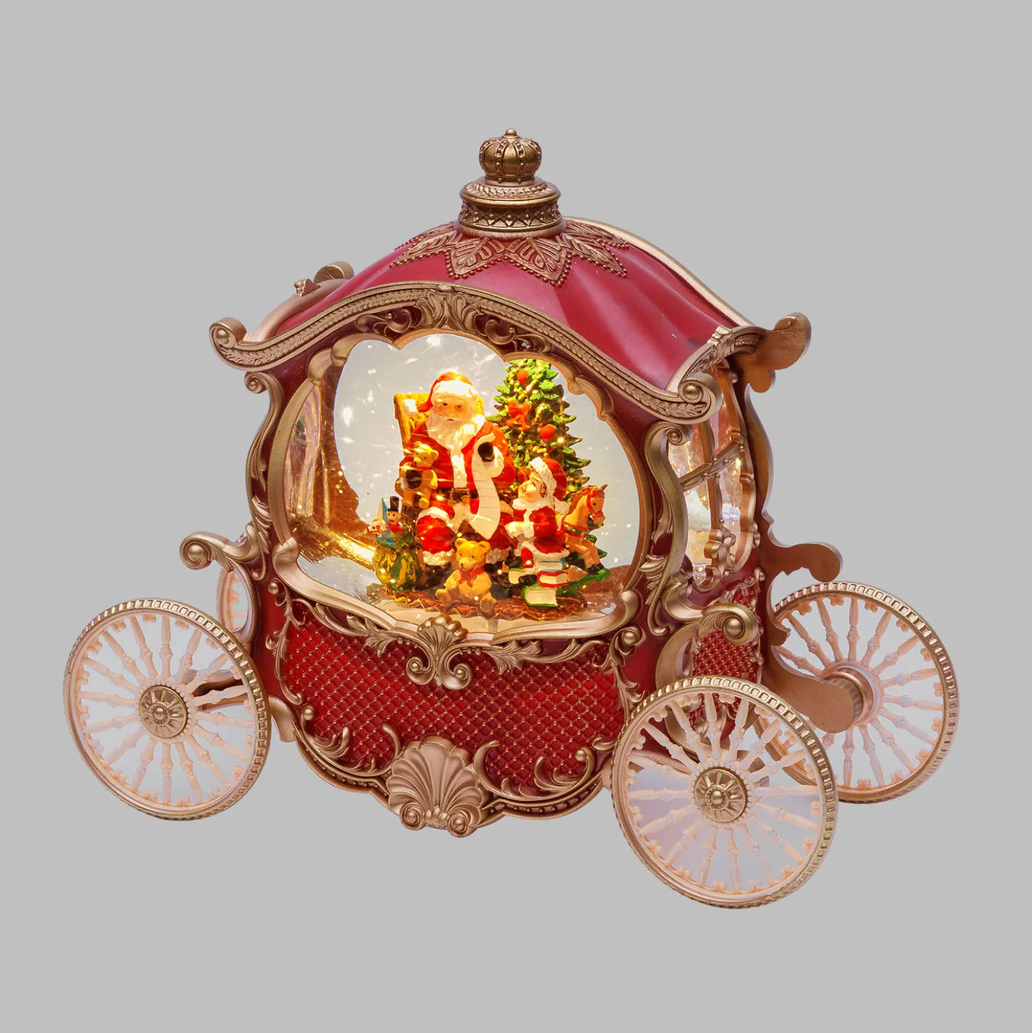 Carrozza Rosso e Oro, glitter scintillanti, h 22 cm, led bianco caldo, musiche natalizie