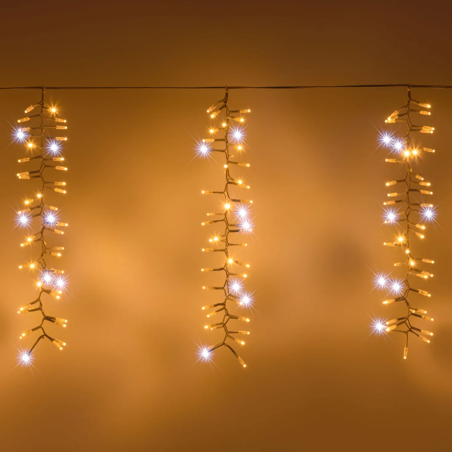 Cascata di luci 3 x h 0,8 m, maxiled bianco caldo e freddo, prolungabile, cavo bianco, IP67