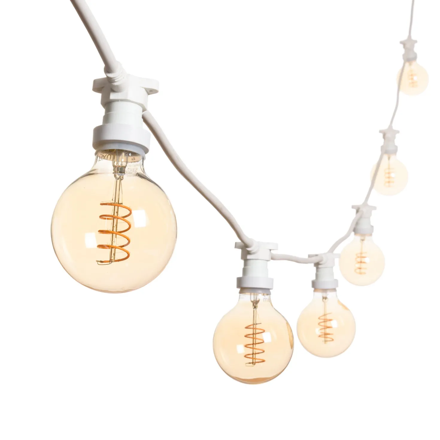 Catena 5 m, 16 lampadine globo Ø 95 mm di 4 Watt, led a spirale, cavo bianco, prolungabile