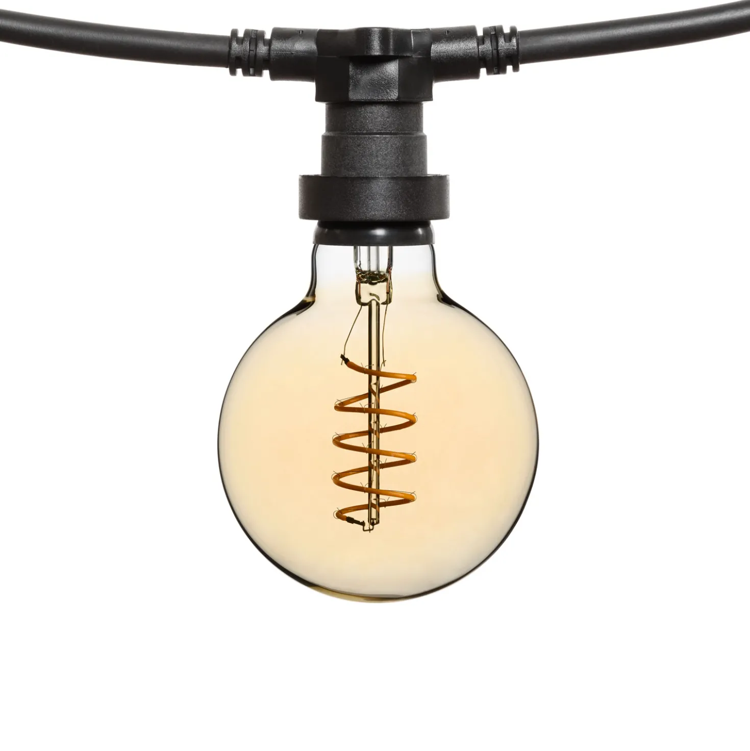 Catena 5 m, 8 lampadine globo Ø 95 mm di 4 Watt, led a spirale, cavo nero, prolungabile