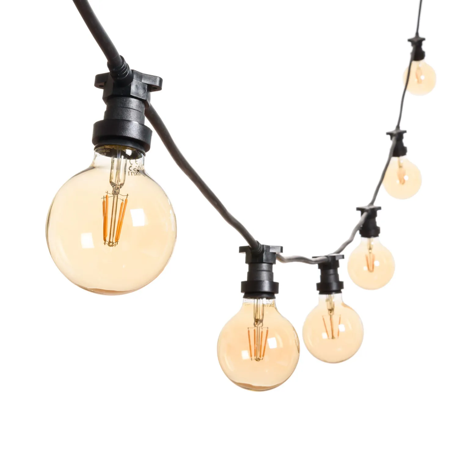 Catena 5 m, 8 lampadine led globo Ø 95 mm di 4 Watt, cavo nero, prolungabile