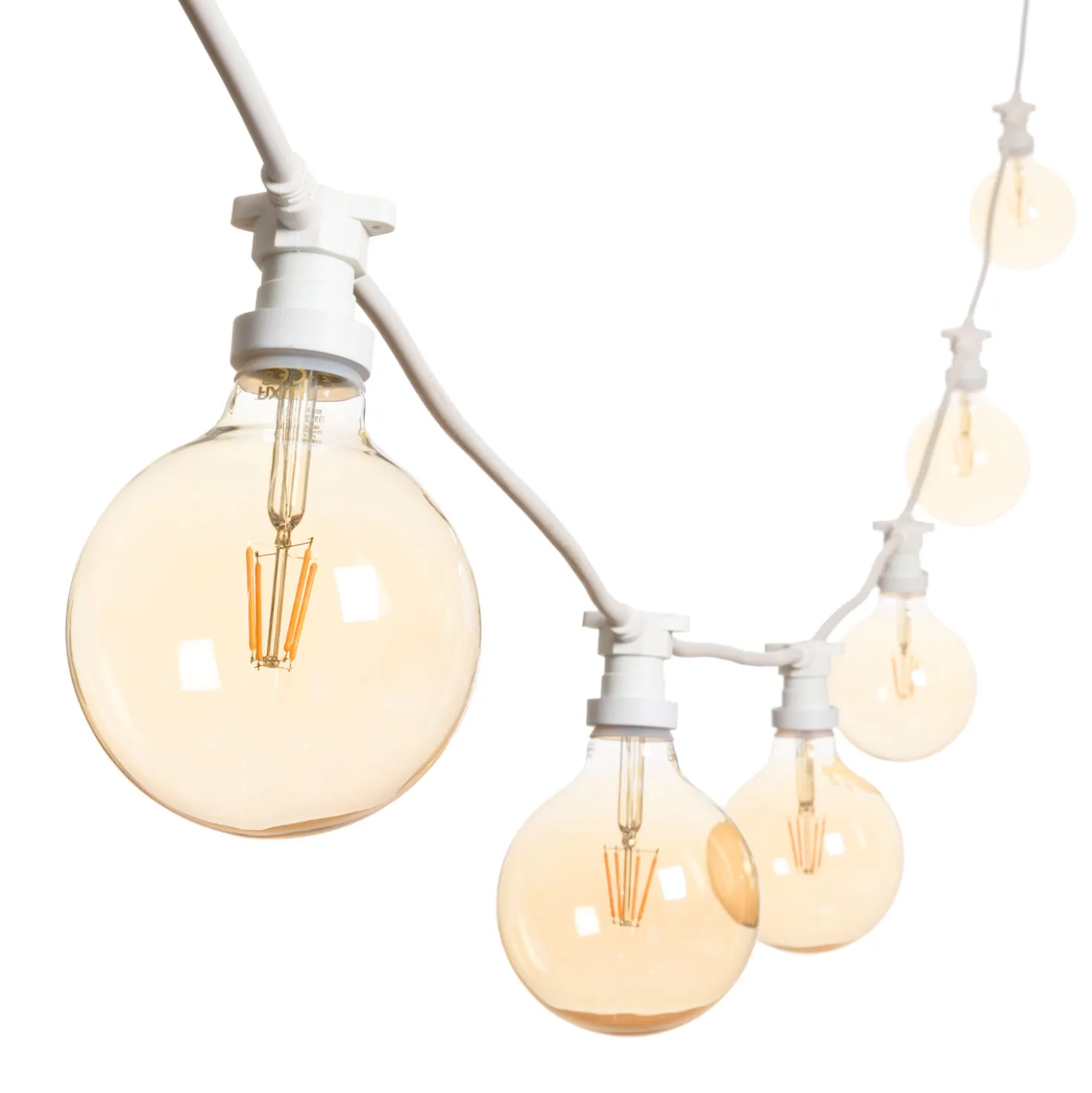 Catena 5 m, 8 lampadine led globo Ø 125 mm di 8 Watt dimmerabili, cavo bianco, prolungabile