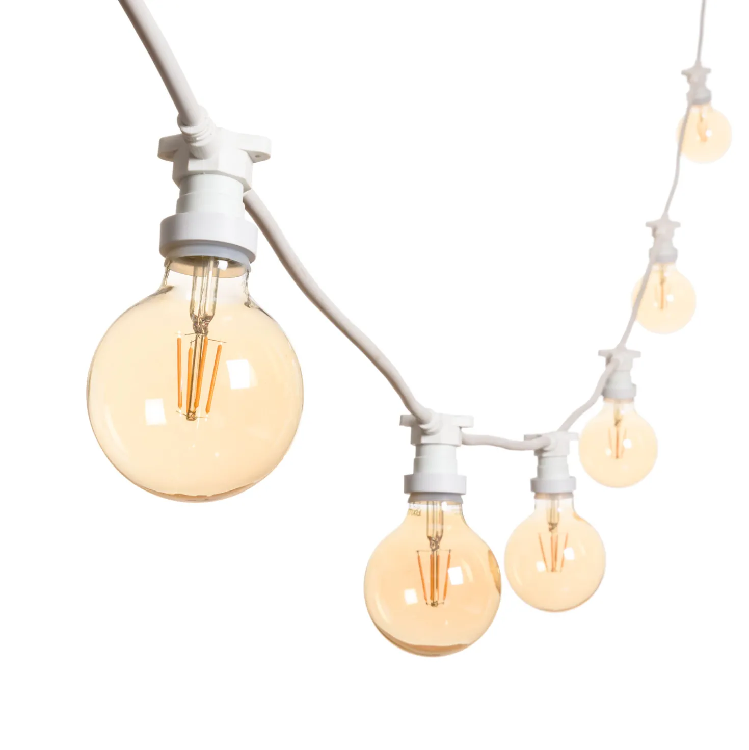 Catena 5 m, 16 lampadine led globo Ø 95 mm di 4 watt, dimmerabili, cavo bianco, prolungabile