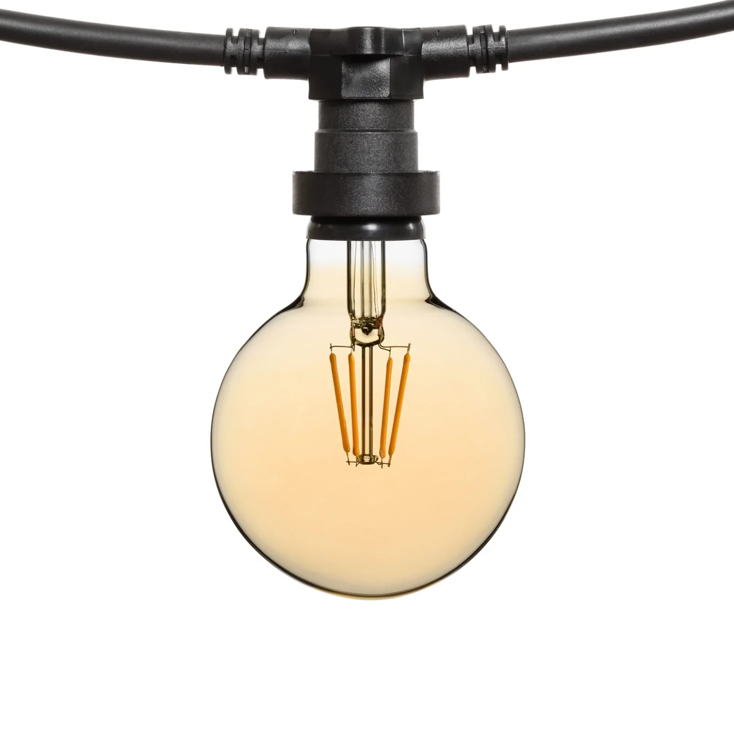 Catena 5 m, 5 lampadine led globo Ø 95 mm di 8 Watt led, dimmerabili, cavo nero, prolungabile