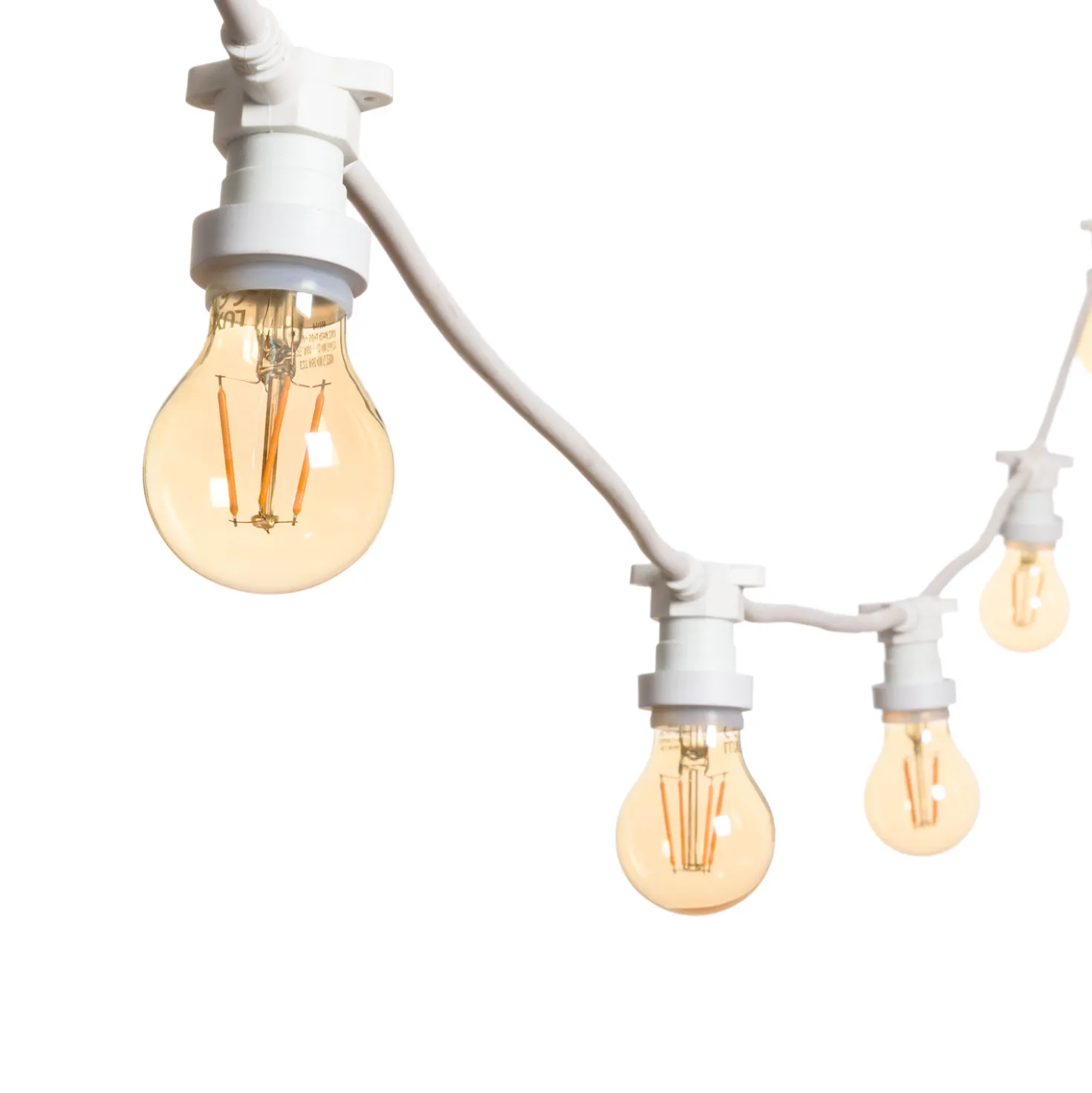 Catena 5 m, 5 lampadine led goccia Ø 60 mm da 4 Watt, cavo bianco, prolungabile