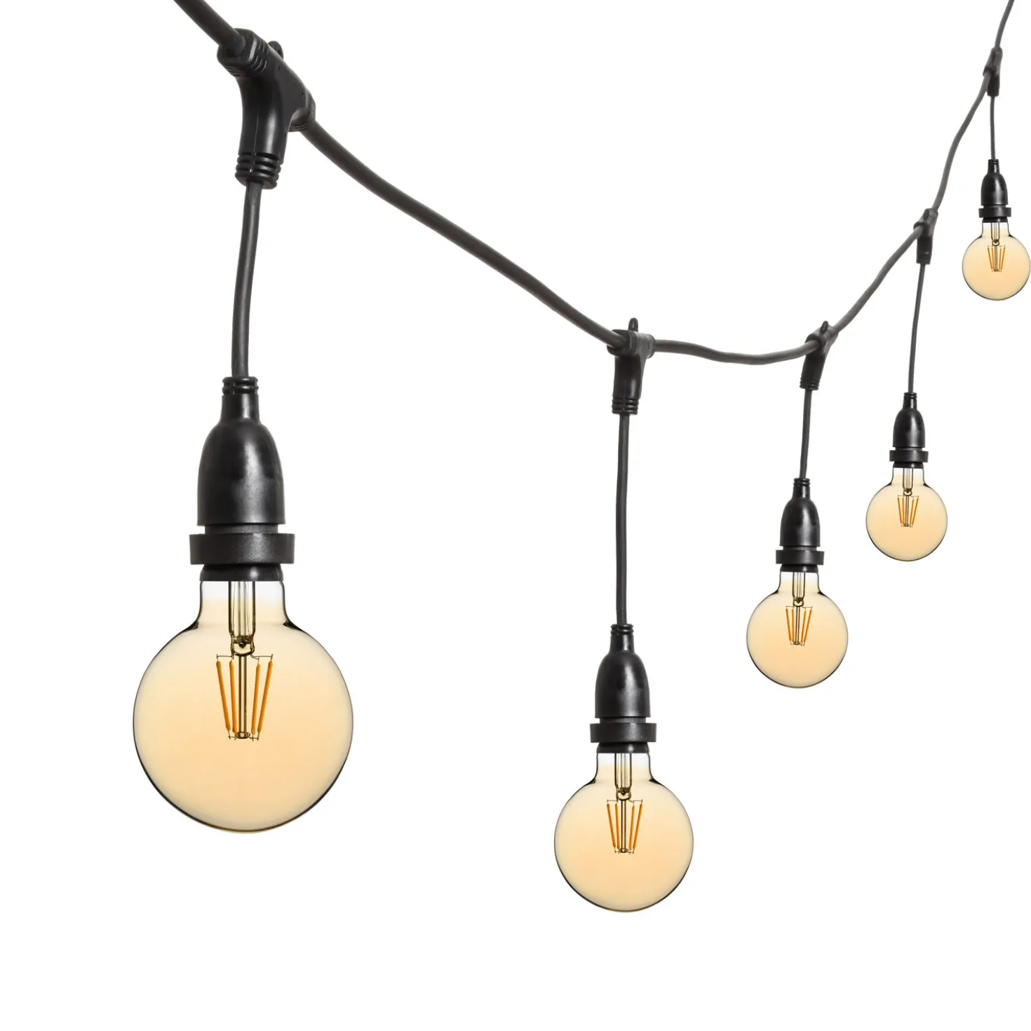 Catena 5 m, 8 lampadine led pendenti globo Ø 95 mm da 4 watt dimmerabili, h 30 cm, prolungabile