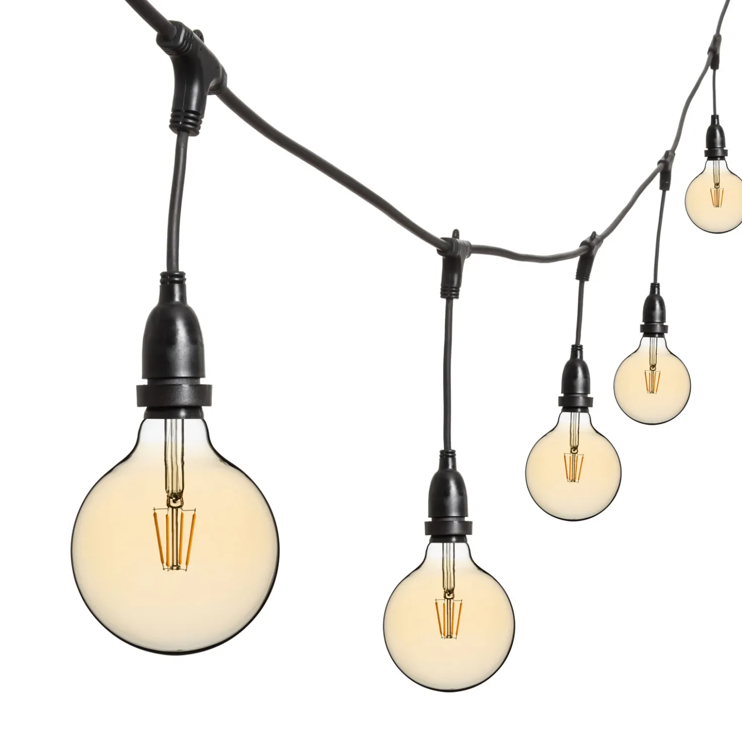 Catena 5 m, 8 lampadine led pendenti globo Ø 125 mm di 4 Watt, h 30 cm, prolungabile