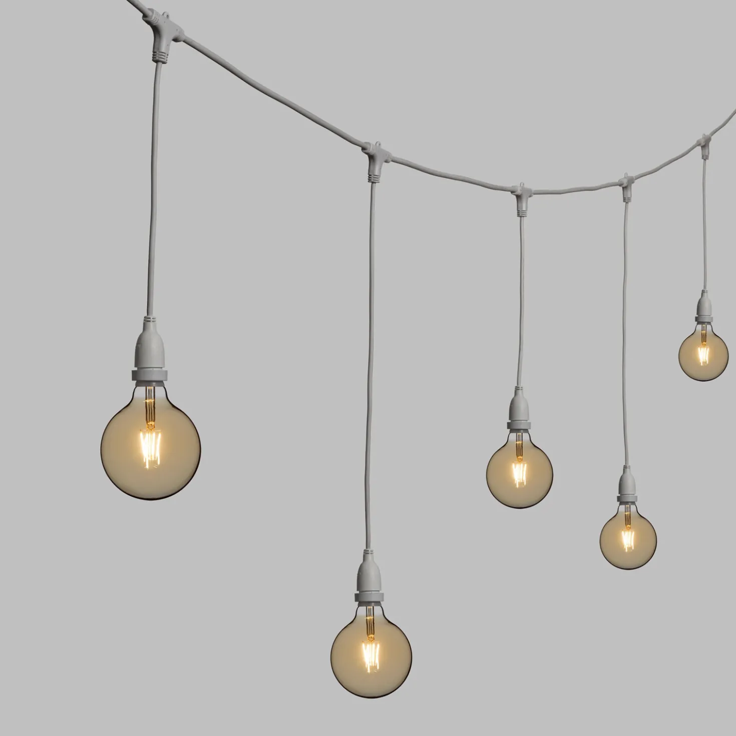 Catena 5 m, 8 lampadine led pendenti globo Ø 125 mm 8 Watt dimmerabili, h 70 cm, prolungabile