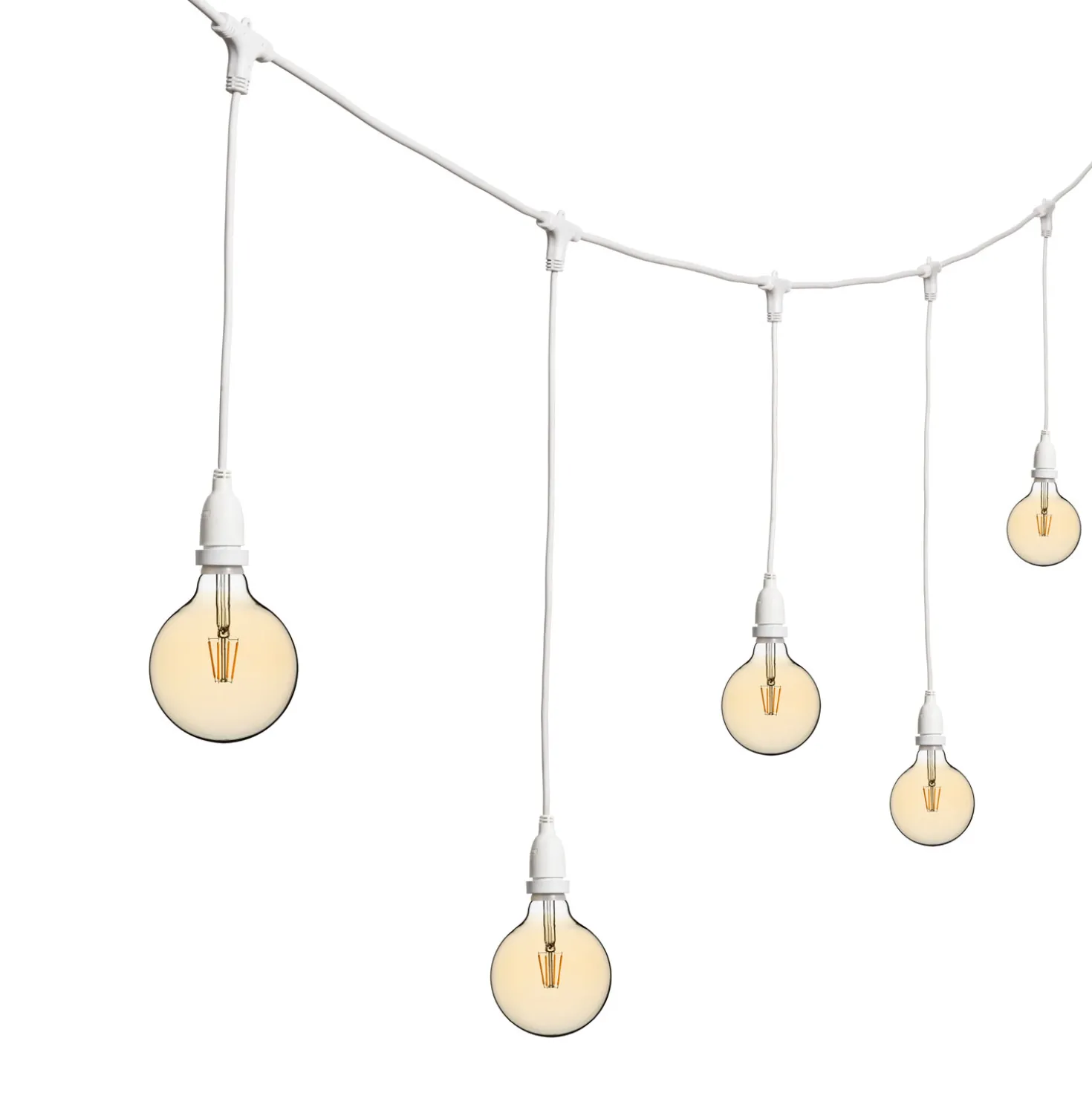 Catena 5 m, 8 lampadine led pendenti globo Ø 125 mm di 4 Watt, h 70 cm, prolungabile