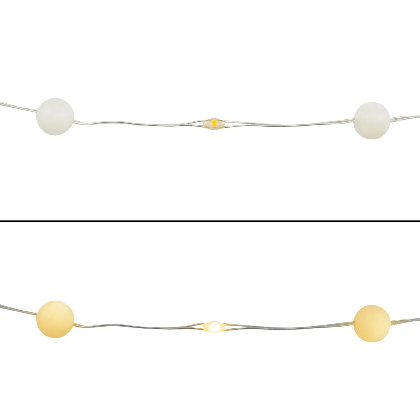 Catena 10 m, 100 minisfere Gummy Ø 10 mm, microled bianco caldo, cavo metal argento