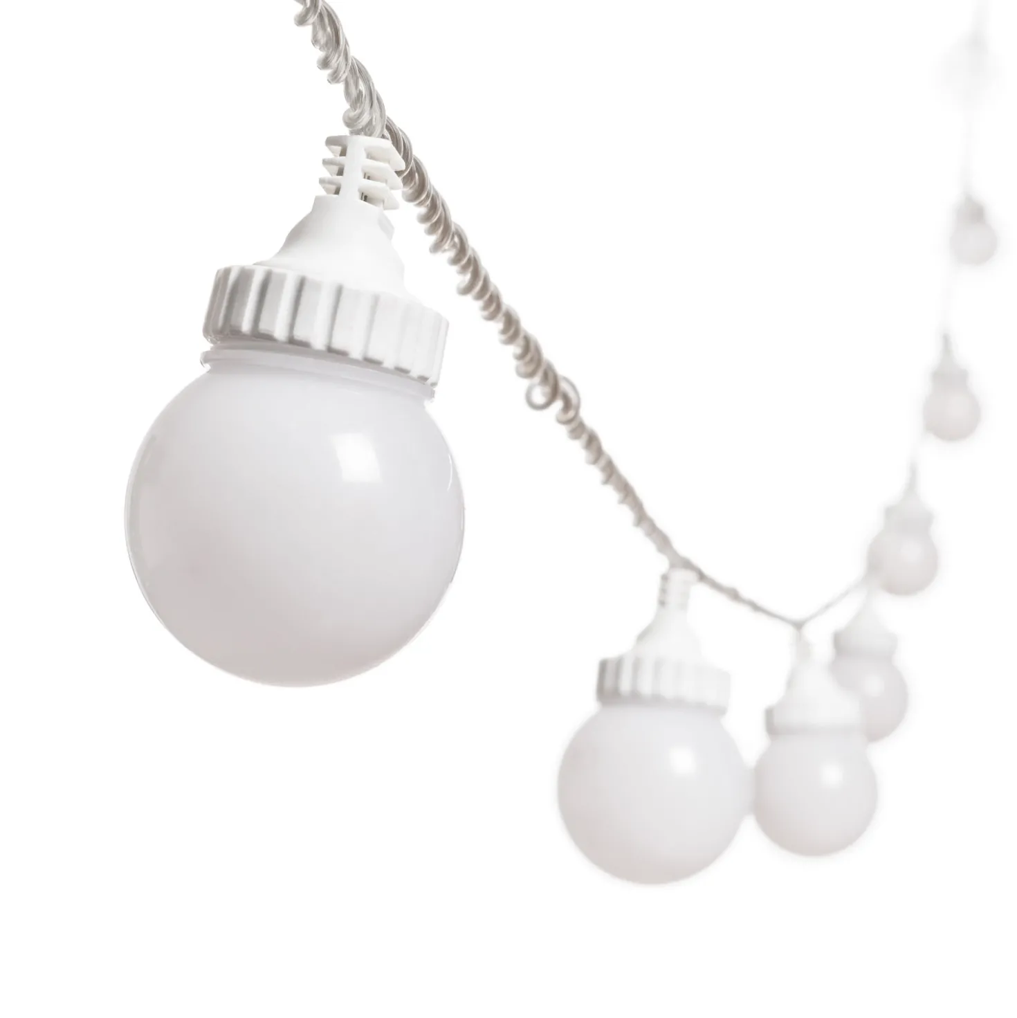 Catena 5 m, 10 sfere bianche Ø 50 mm, led bianco caldo, cavo trasparente, prolungabile