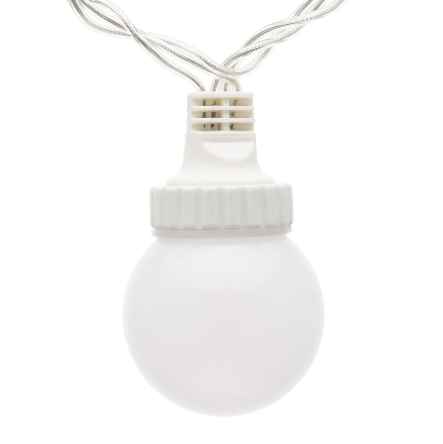 Catena 5 m, 10 sfere bianche Ø 50 mm, led bianco caldo, cavo trasparente, prolungabile