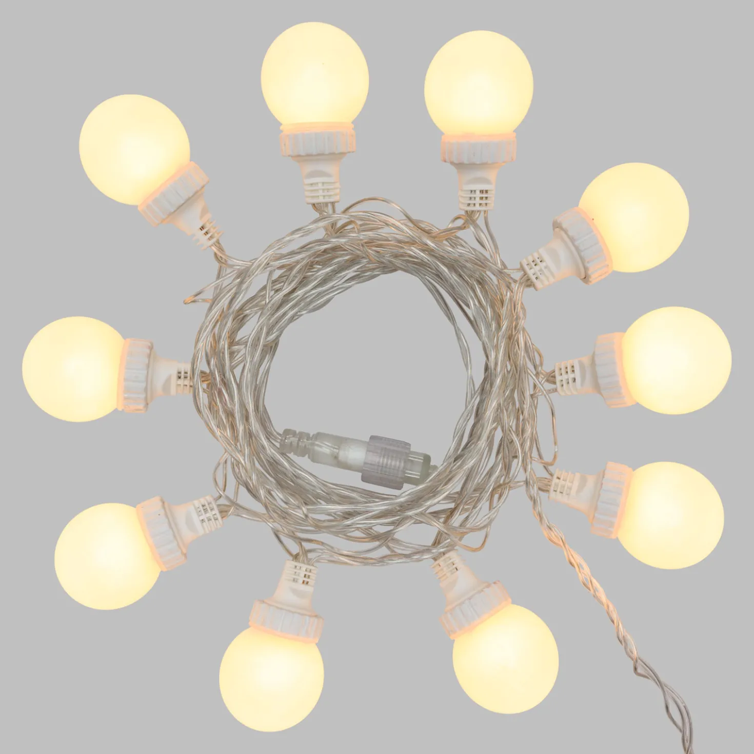Catena 5 m, 10 sfere bianche Ø 50 mm, led bianco caldo, cavo trasparente, prolungabile
