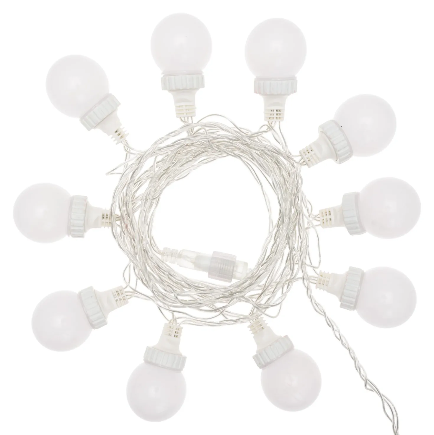 Catena 5 m, 10 sfere bianche Ø 50 mm, led bianco caldo, cavo trasparente, prolungabile