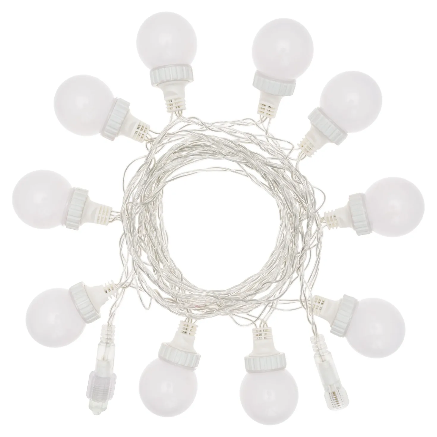 Catena 5 m, 10 sfere bianche Ø 50 mm, led bianco caldo, cavo trasparente, prolungabile