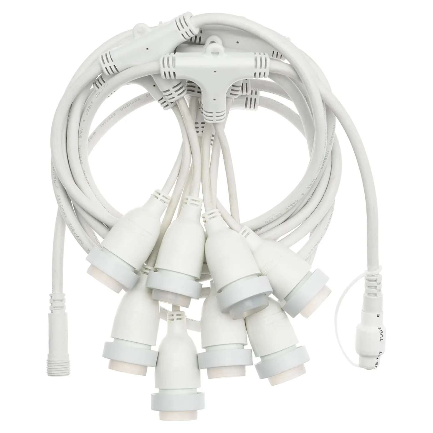 Catenaria con 8 portalampade pendenti E27, h 30 cm, 5 metri, cavo bianco, prolungabile