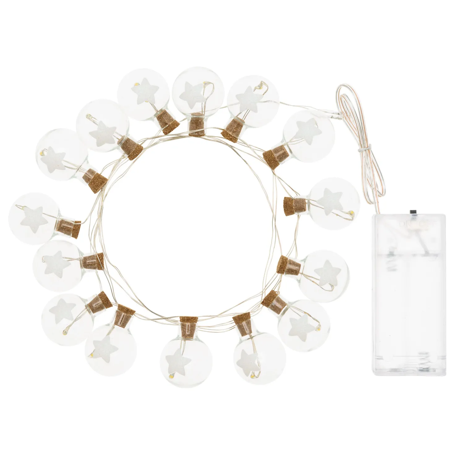 Catena 15 sfere Ø 25 mm con stelle, bianco caldo