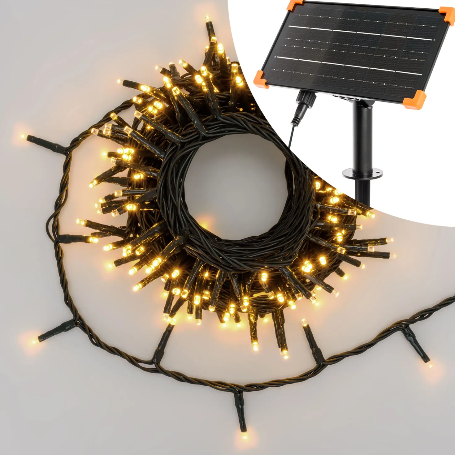 Catena solare 60 m, 1200 miniled bianco caldo, cavo verde, Power Bank con ricarica USB