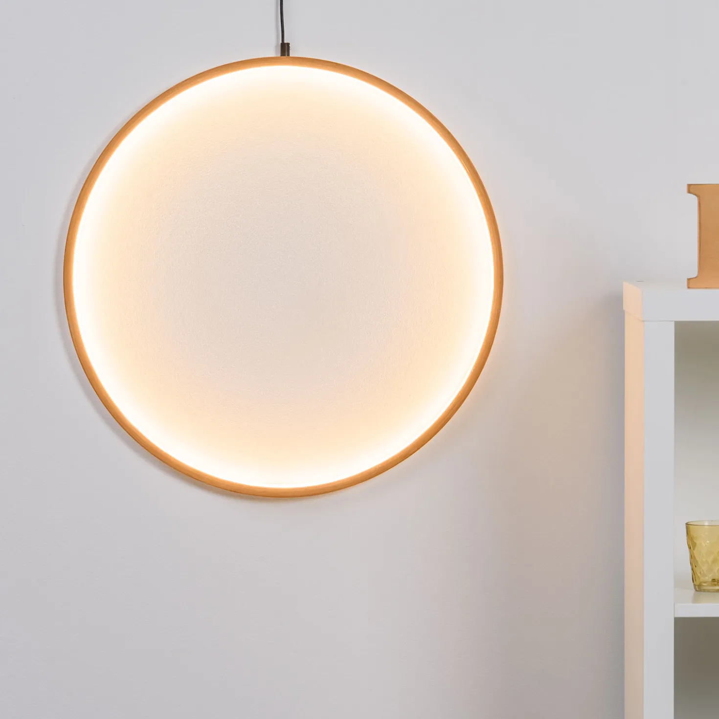 Cerchio in legno naturale, 57 cm, led bianco caldo, uso interno
