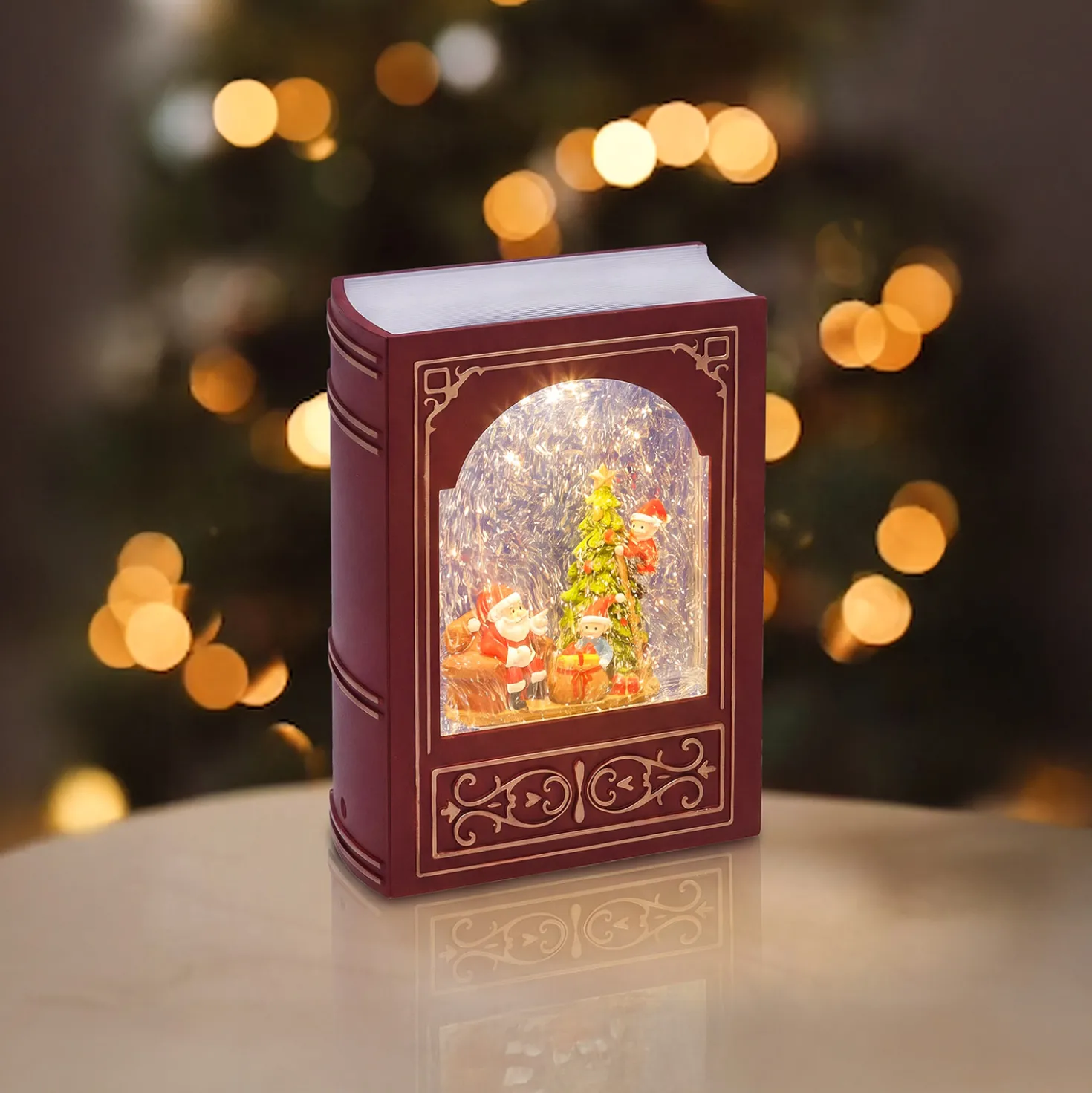 Lanterna natalizia Libro Bordeaux-Oro, glitter scintillanti, h 23 cm, led bianco caldo, musiche natalizie