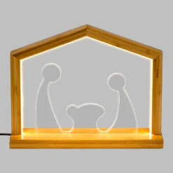 Natività Plexi in legno naturale con base, h 23,5 cm, led bianco caldo, uso interno