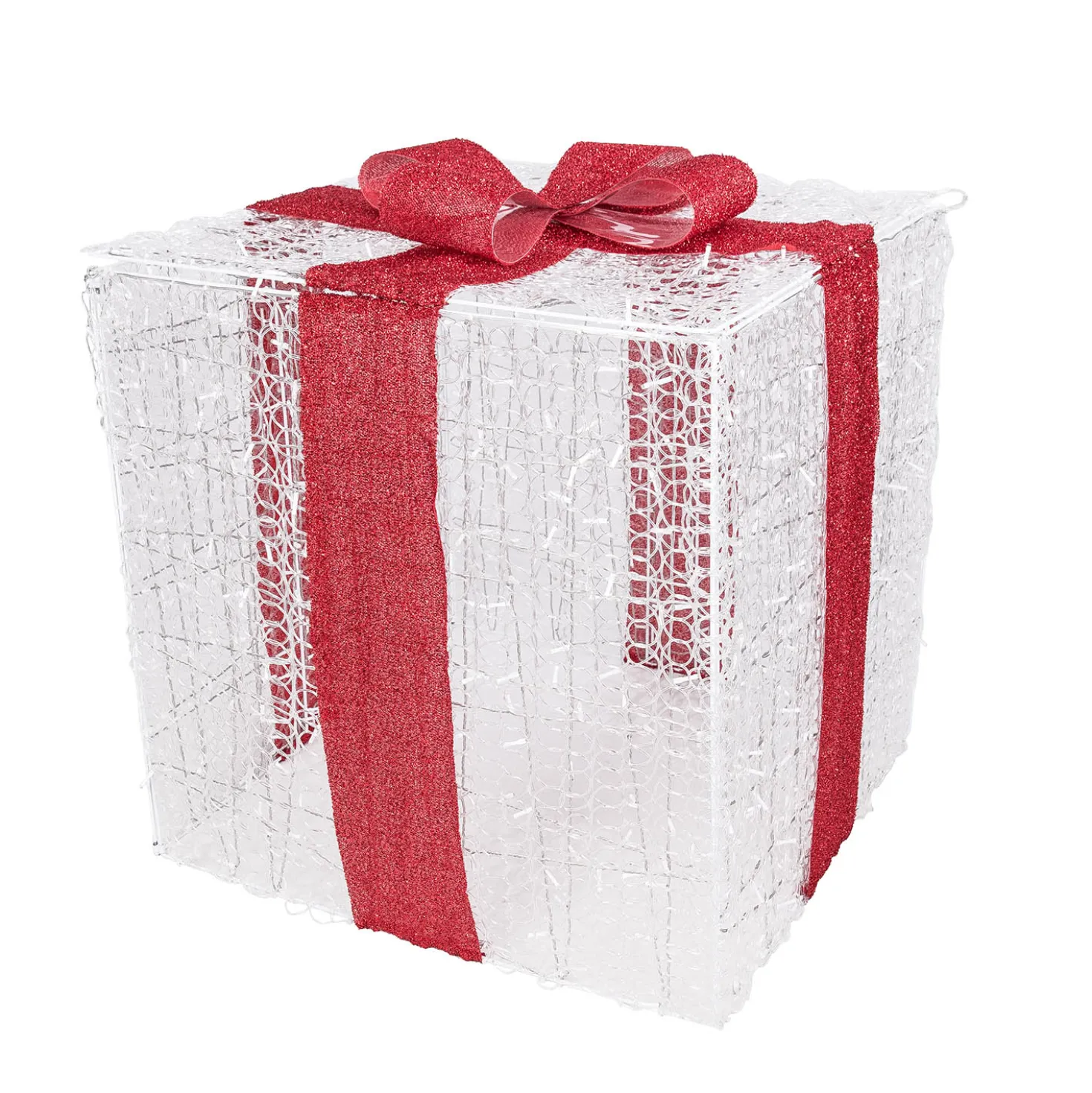 Pacco regalo 3D in acrilico trasparente, h 85 cm, 1000 Dual LED bianco caldo e bianco freddo