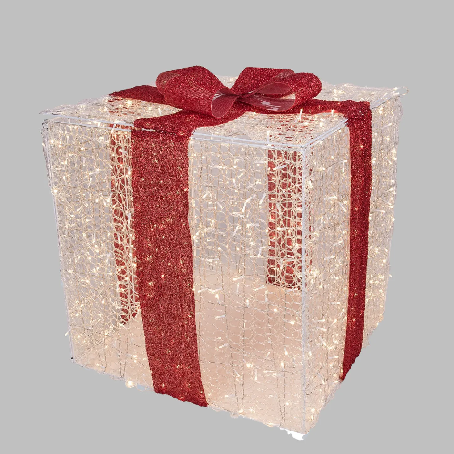 Pacco regalo 3D in acrilico trasparente, h 85 cm, 1000 Dual LED bianco caldo e bianco freddo