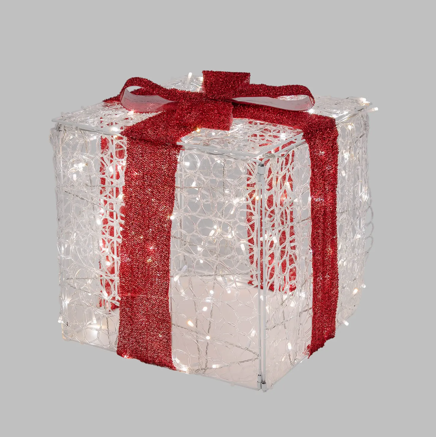 Pacco regalo 3D in acrilico trasparente, h 40 cm, 200 Dual LED bianco caldo e bianco freddo