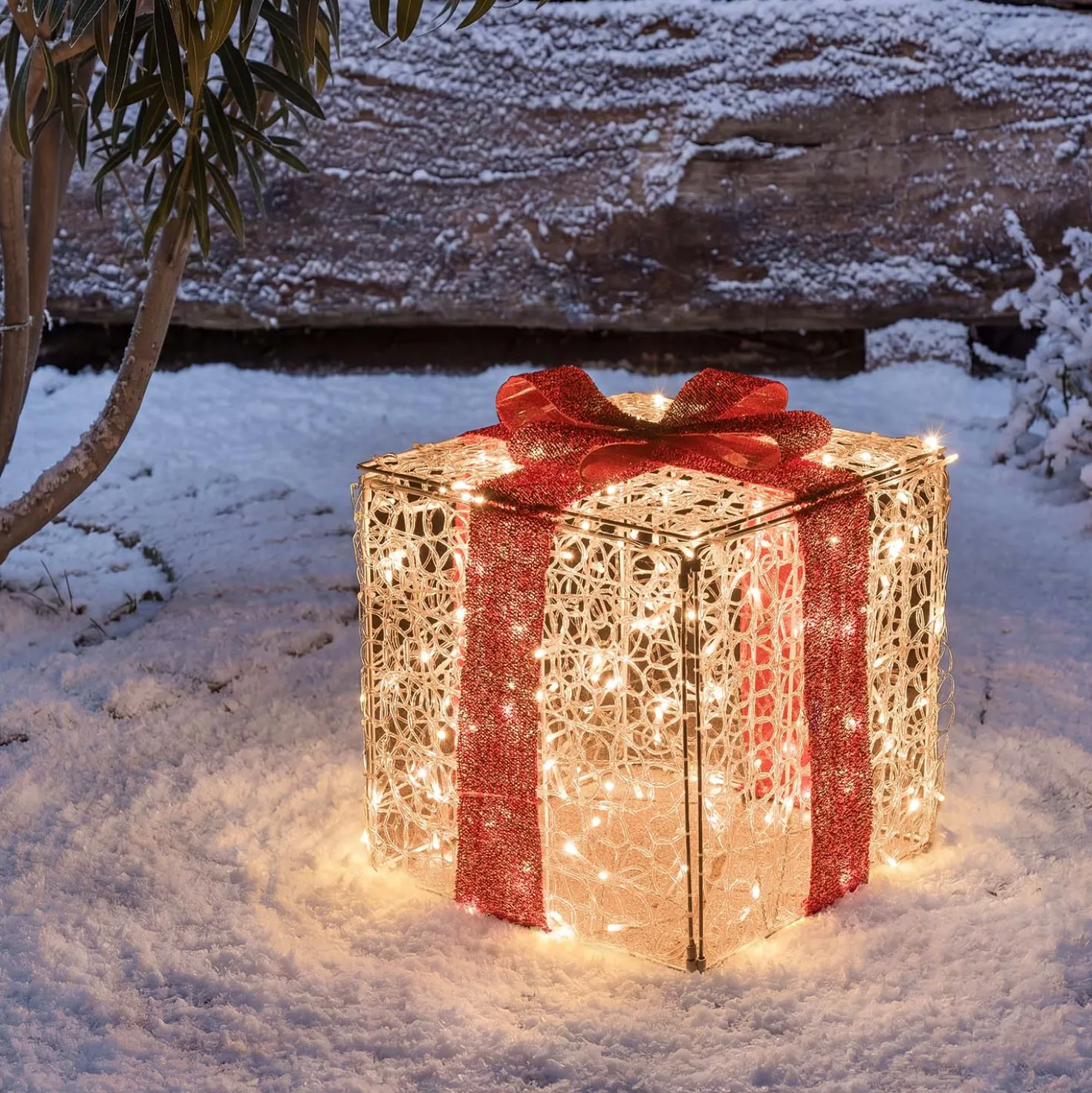 Pacco regalo 3D in acrilico trasparente, h 40 cm, 200 Dual LED bianco caldo e bianco freddo