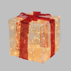 Pacco regalo 3D in acrilico trasparente, h 40 cm, 200 Dual LED bianco caldo e bianco freddo