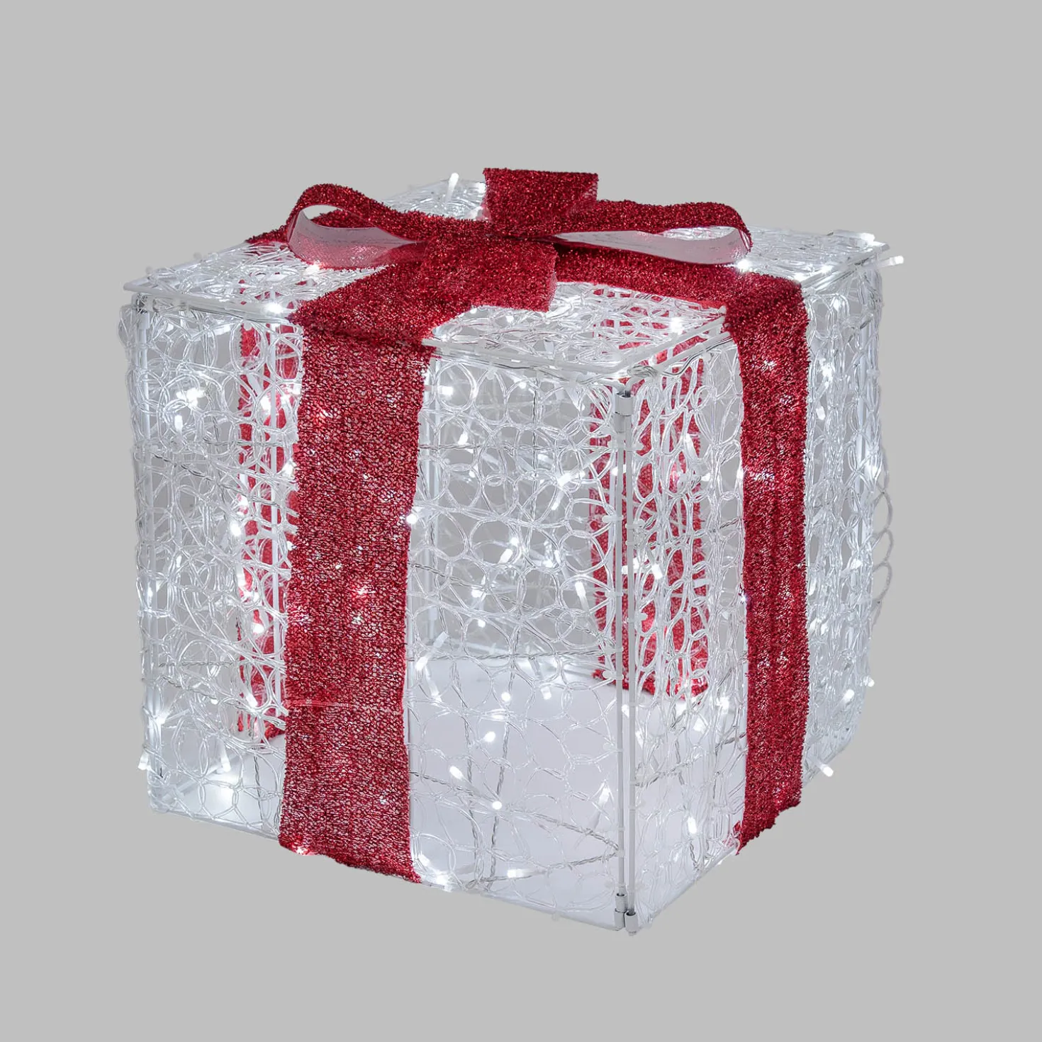 Pacco regalo 3D in acrilico trasparente, h 40 cm, 200 Dual LED bianco caldo e bianco freddo
