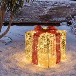 Pacco regalo 3D in acrilico trasparente, h 40 cm, 200 Dual LED bianco caldo e bianco freddo