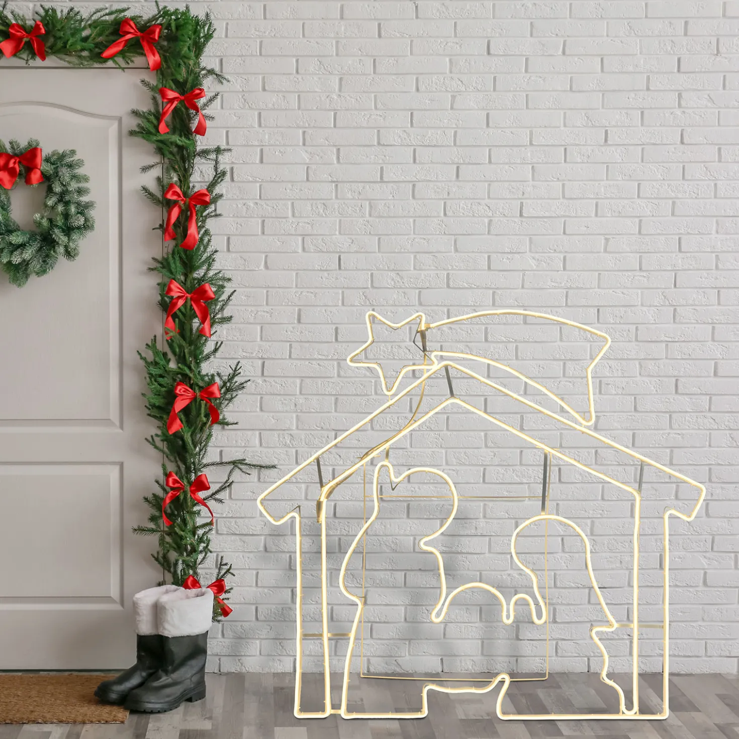 Presepe effetto neon h 115 cm, led bianco caldo