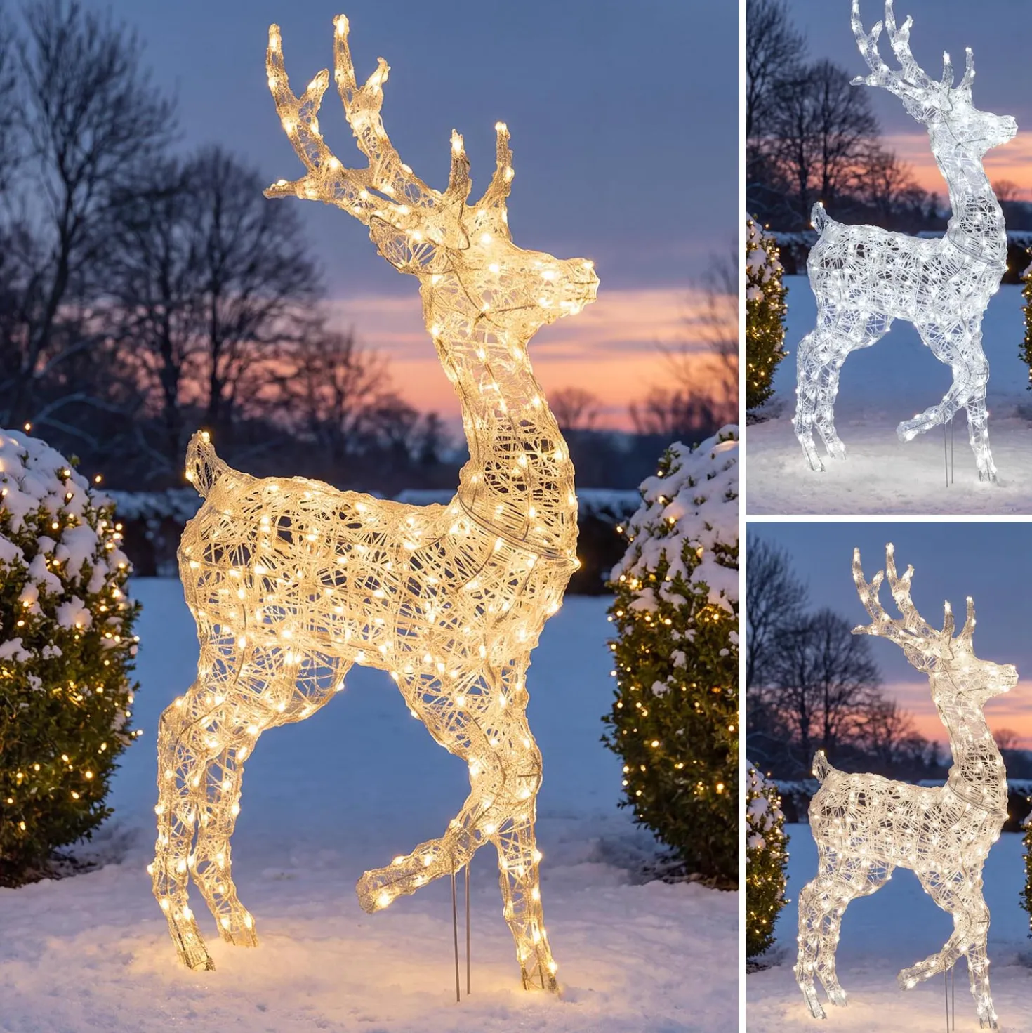 Renna Bianca 3D in acrilico trasparente, h 125 cm, 240 Dual LED bianco caldo e freddo