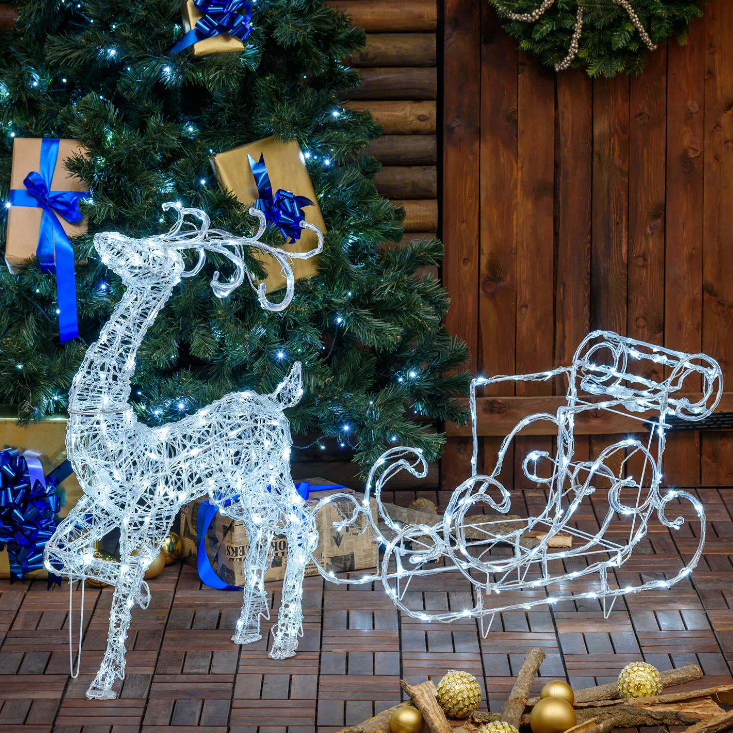 Renna con slitta 3D in acrilico trasparente, 220 led bianco freddo