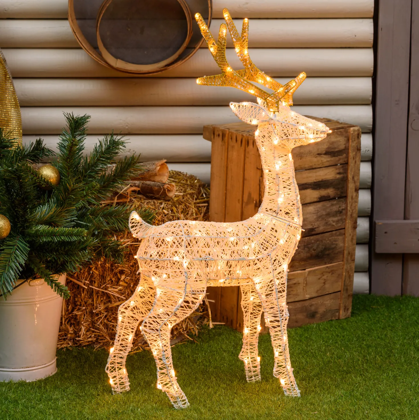 Renna con testa ruotata 3D Light Cream & Brown h 85 cm, 120 led bianco extra caldo