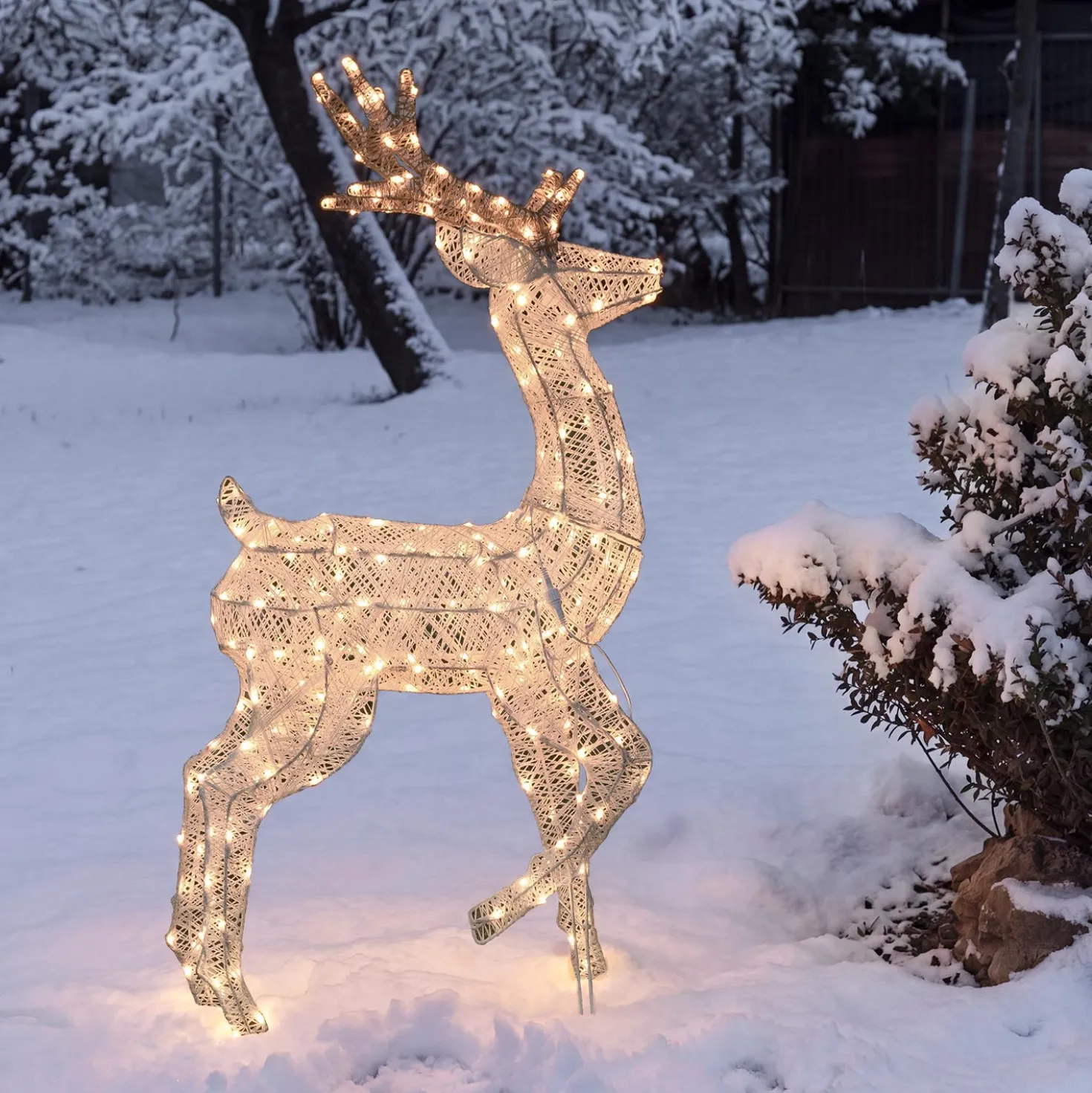 Renna con zampa alzata 3D Light Cream & Brown, h 125 cm, 240 Dual LED bianco extra caldo e bianco freddo