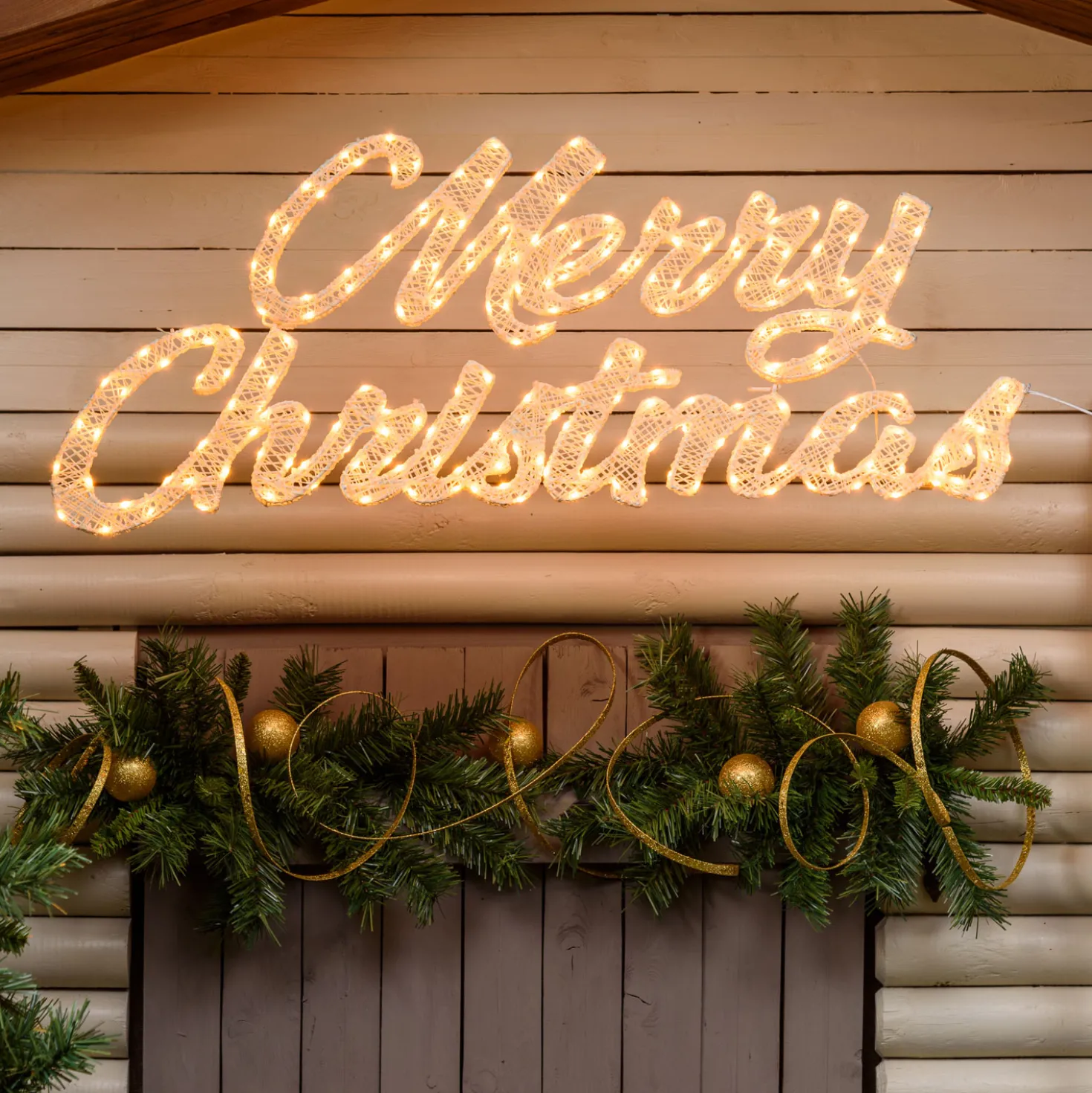 Scritta Merry Christmas 3D Light Cream & Brown, h. 37 cm, 214 Led bianco extra caldo