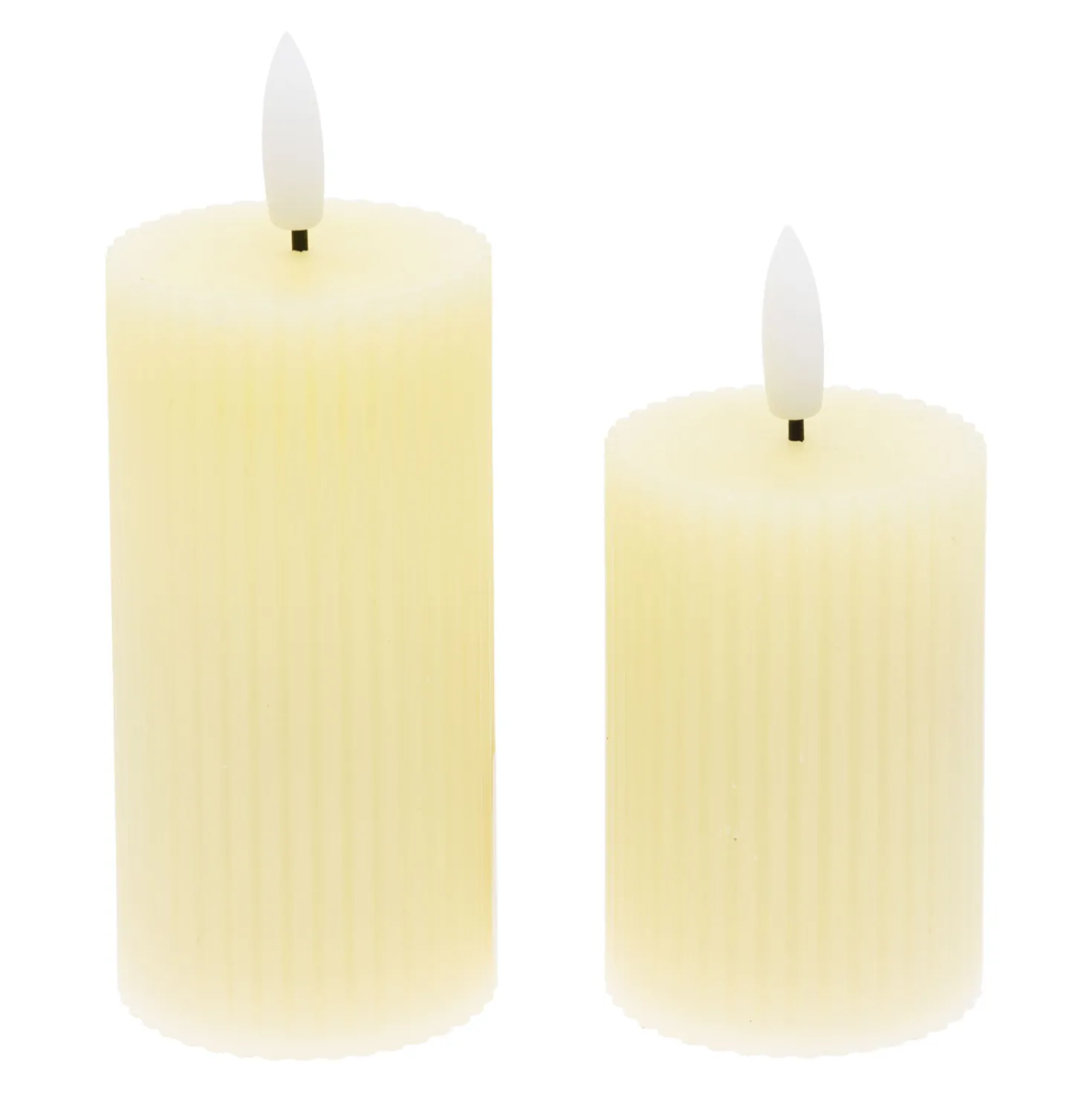 Set 2 candele avorio a coste in cera, fiamma 3D con stoppino