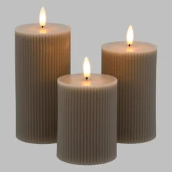 Set 3 candele grigio marrone a coste in cera, fiamma 3D con stoppino