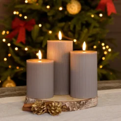 Set 3 candele grigio marrone a coste in cera, fiamma 3D con stoppino