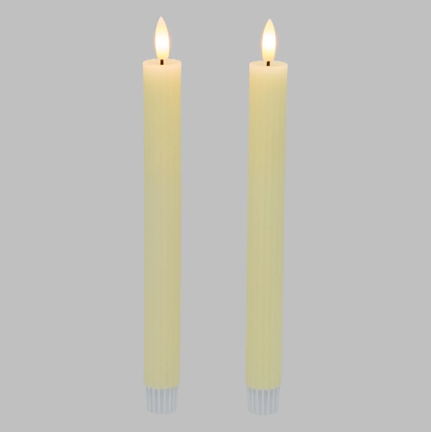 Set 2 Candele stelo avorio a coste in cera, fiamma 3D con stoppino