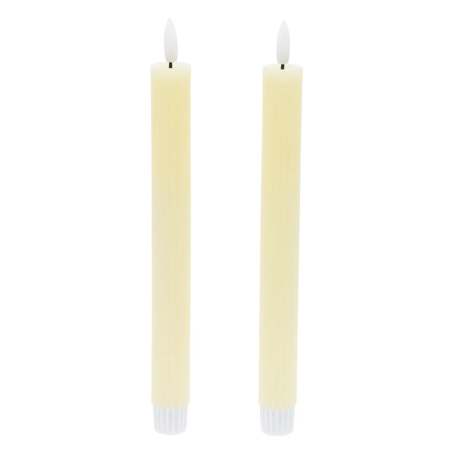 Set 2 Candele stelo avorio a coste in cera, fiamma 3D con stoppino
