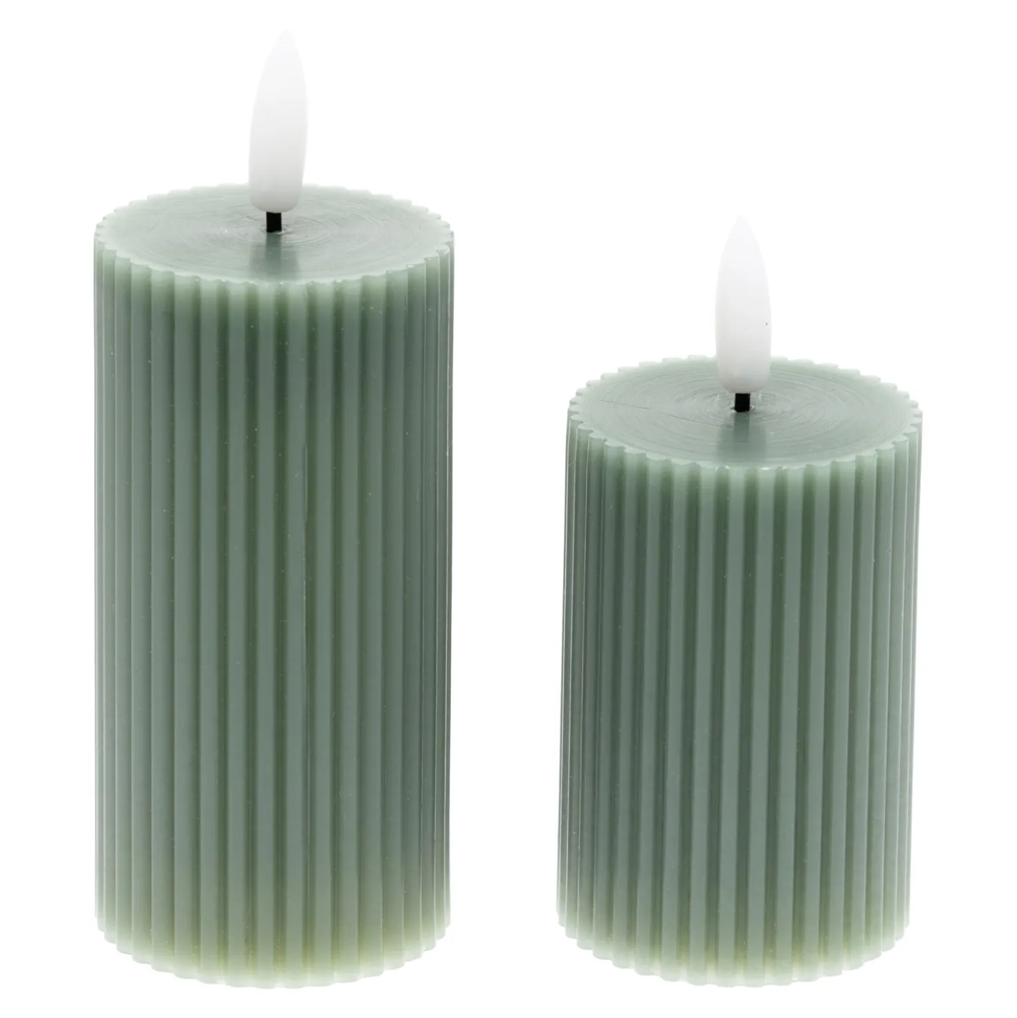 Set 2 candele verdi a coste in cera, fiamma 3D con stoppino