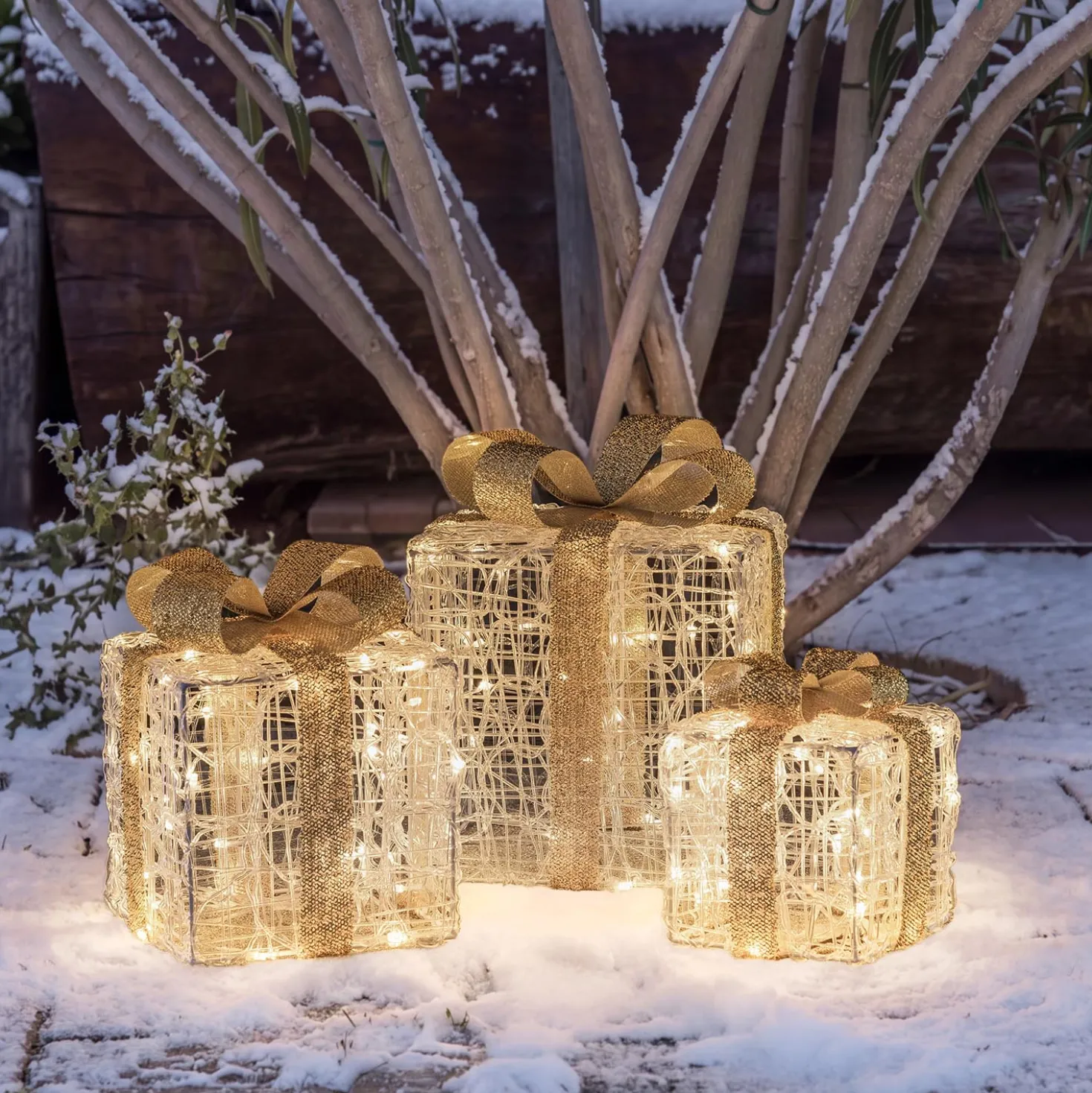 Set 3 Pacchi Regalo in acrilico, 150 Dual Color LED bianco caldo e bianco freddo