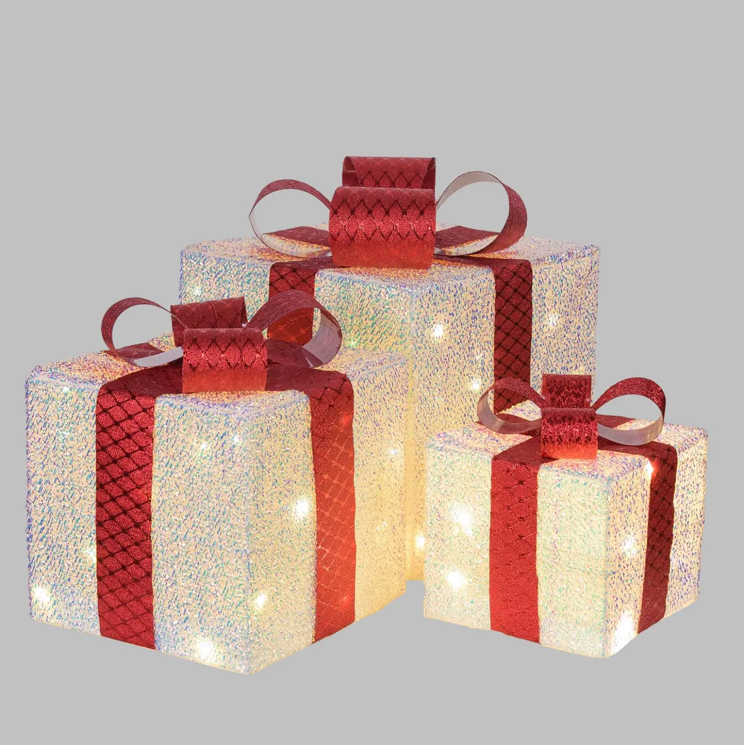 Set 3 Pacchi Regalo luminosi 3D in Tessuto Bianco Iridescente, led bianco caldo, uso interno