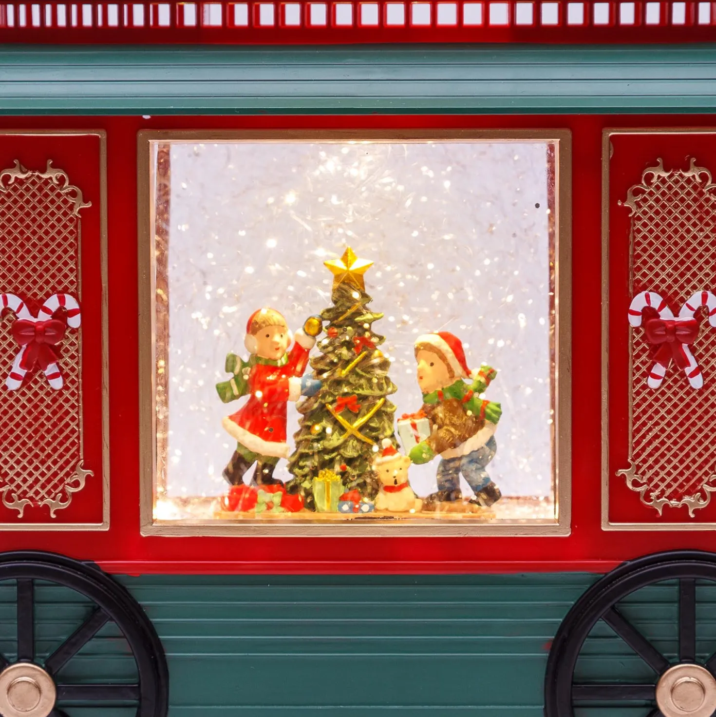 Trenino locomotiva + vagone, glitter scintillanti, h 20 cm, led bianco caldo, musiche natalizie