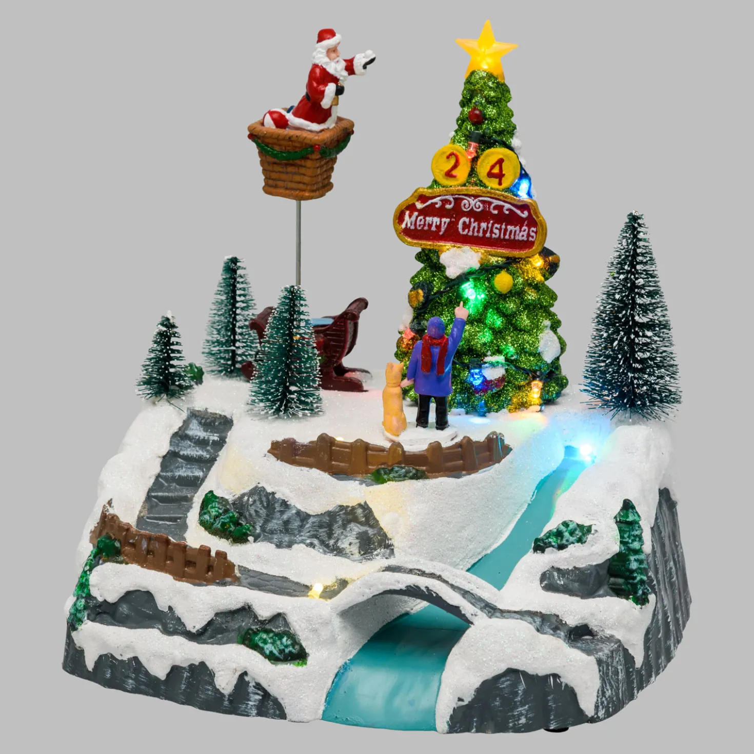 Villaggio di Natale, Albero e Babbo che lo decora in movimento, h 22 cm