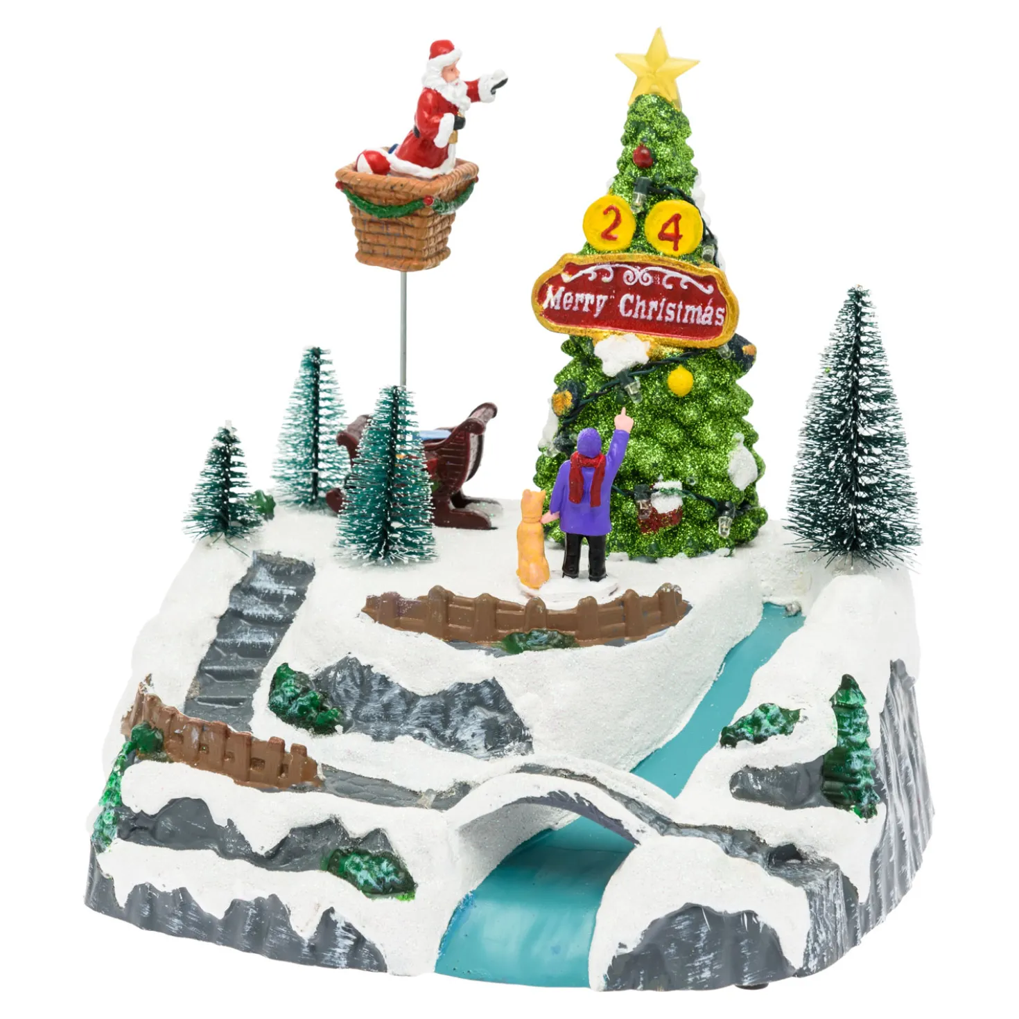 Villaggio di Natale, Albero e Babbo che lo decora in movimento, h 22 cm